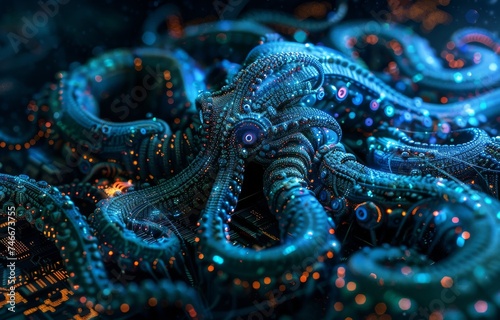 A Kraken encircled by quantum computer circuits, illustrating the multi-faceted nature of quantum computing and mythical complexity