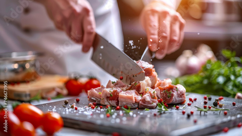 Male chef preparing ground meat with knife on wooden cutting board. photo