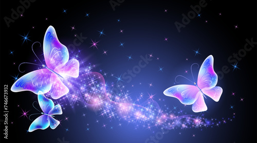 Magic butterflies with fantasy sparkle and blazing trail and glowing stars on night background