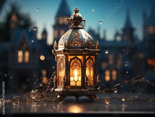 Standing, smoking decorated gold elegantly lantern with candle falling rain, smudged building in the background. Lantern as a symbol of Ramadan for Muslims.