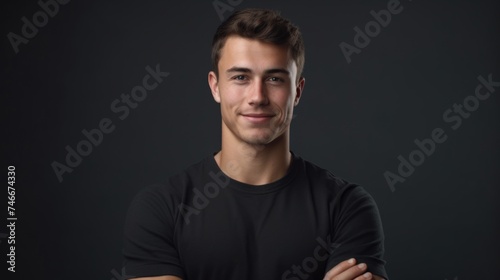 A man in a black shirt posing for a picture. Ideal for business or casual concept