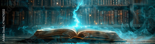 Grimoires and incantations, arcane symbols glowing, old library photo