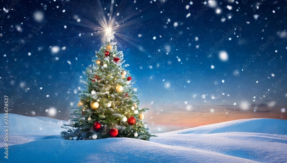 christmas tree in winter landscape with snow and stars 3d illustration fantastic winter landscape with christmas tree