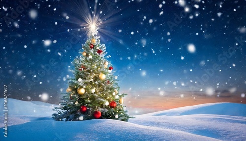 christmas tree in winter landscape with snow and stars 3d illustration fantastic winter landscape with christmas tree