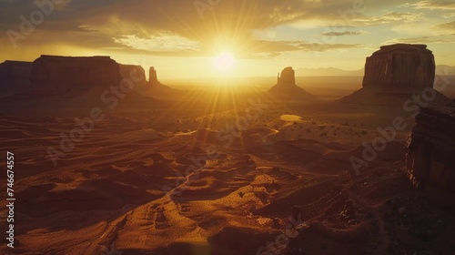 Scenic view of the sun setting over a desert landscape, ideal for travel and nature concepts