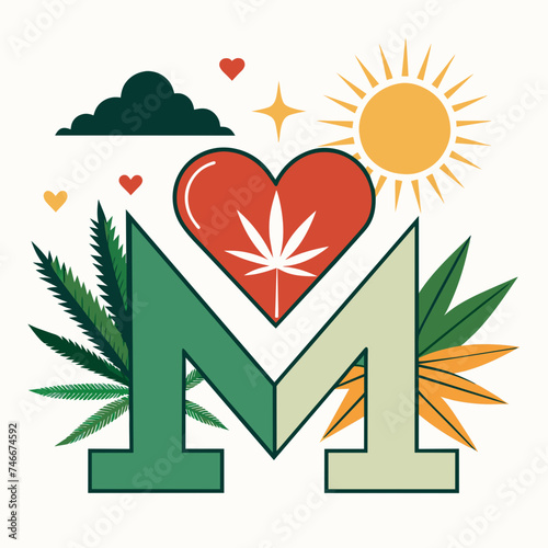 Letter M with rise some cannabis and leaf and some heart with white background 