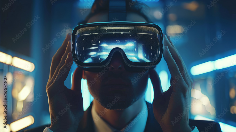 A man wearing virtual reality glasses. A man wearing virtual reality glasses.