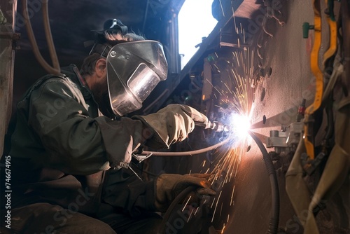 Welder in welding mask Dark tone style, repairing old fishing vessel