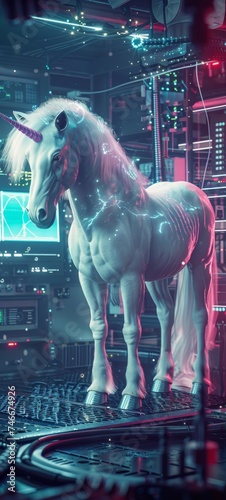 A unicorn in a lab, surrounded by equipment for genetic engineering and artificial intelligence, representing the blend of myth and modern science