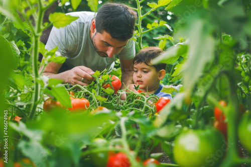 Father and son picking fresh tomatoes from garden.