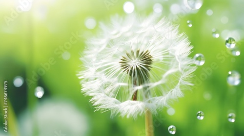 Beautiful dew water drop on a dandelion flower on blurred green background  macro.  Soft dreamy elegancy artistic image tenderness and fragility of nature