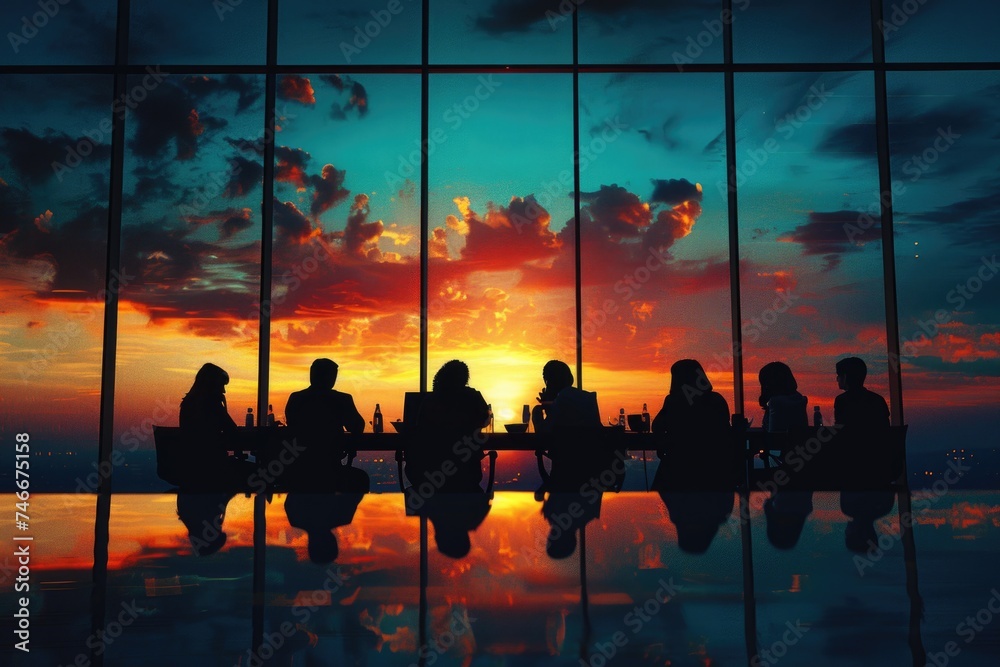 Group of people enjoying sunset at outdoor table, perfect for travel or leisure concept