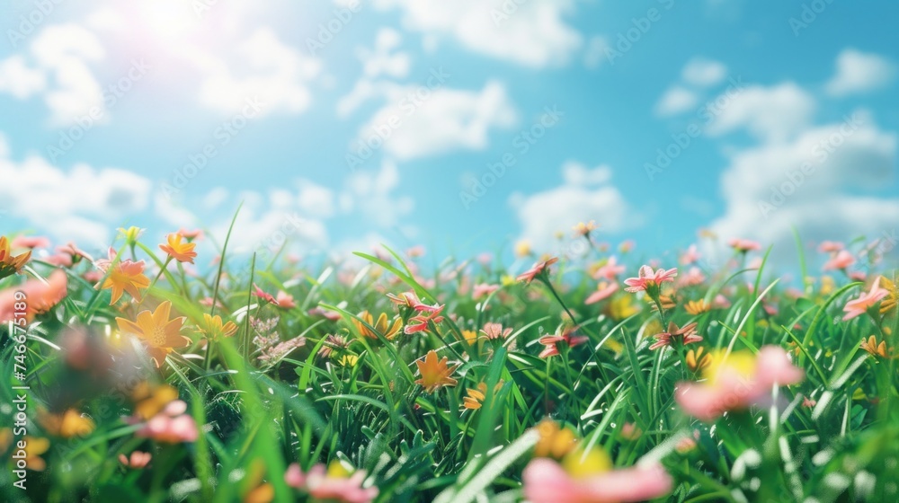 Beautiful field of flowers with a clear blue sky background. Perfect for spring or nature-themed designs
