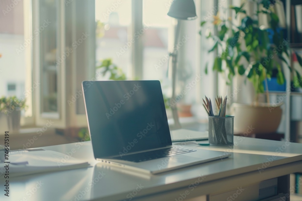 A laptop computer placed on a desk, suitable for office or technology concepts