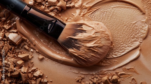 Beige liquid foundation with a brush, a cosmetic masterpiece capturing the essence of flawless skin preparation. Ideal stock photo for makeup artists and beauty enthusiasts."