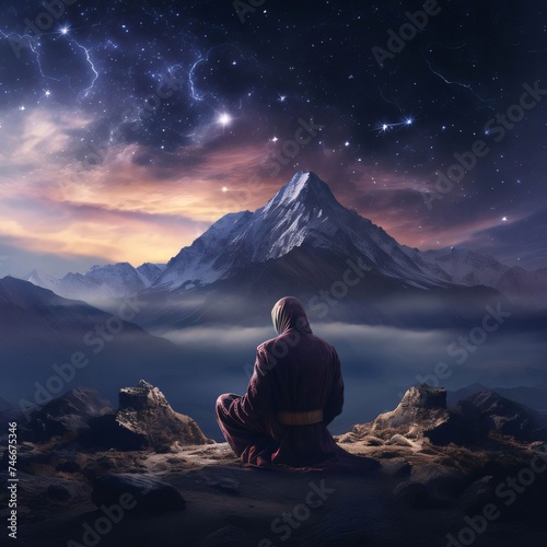A man in a hoodie praying on top of a mountain a view of the night sky with stars. Ramadan as a time of fasting and prayer for Muslims.