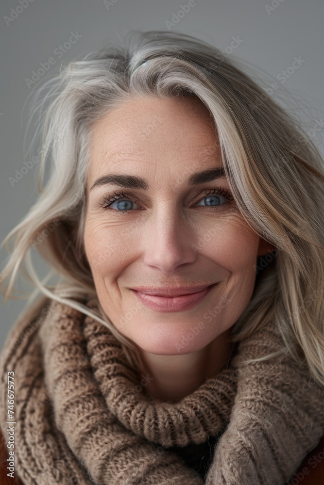 A woman with blonde hair wearing a scarf, suitable for fashion blogs or winter clothing advertisements A woman with blonde hair wearing a scarf, suitable for fashion blogs or winter clothing advertisements