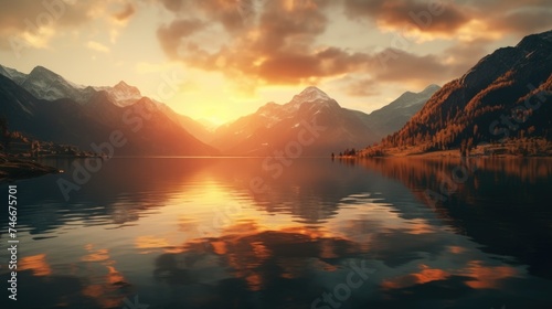 Scenic view of sun setting over tranquil mountain lake  ideal for nature and landscape backgrounds