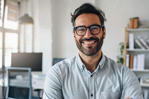 A man with glasses and a beard smiling at the camera. Suitable for business and lifestyle concepts