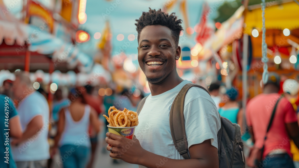 Fototapeta premium A young student smiling outdoors with onion rings.