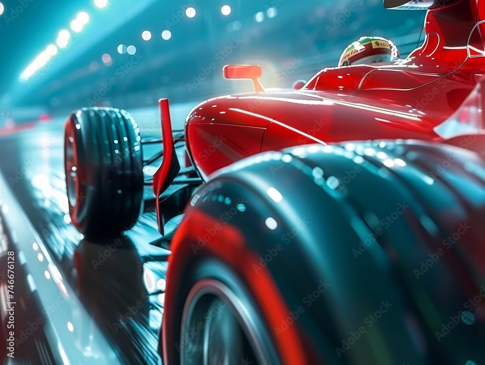 Close-up of a Formula 1 car at extreme velocity, detailed aerodynamics, intense focus of the driver - obrazy, fototapety, plakaty 