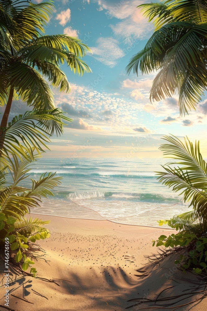 Tropical beach scene with palm trees and ocean view. Ideal for travel and vacation concepts