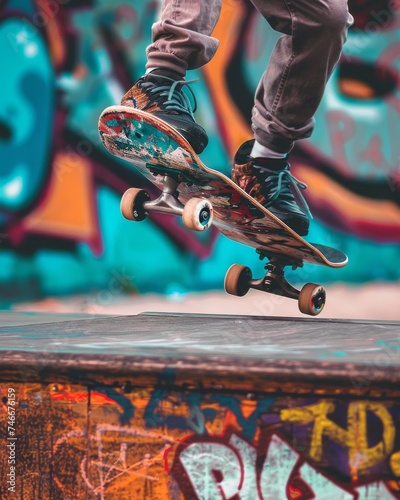 Close-up of a skateboarding trick, wheels spinning rapidly, graffiti-covered skate park in blurred motion