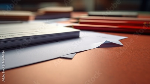 A pile of papers on a wooden table  suitable for office and business concepts