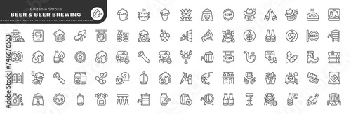 Set of line icons in linear style. Set - Beer and beer brewing. Foamy carbonated alcoholic and non-alcoholic drink. Wheat, malt beer.Outline icon collection. Pictogram and infographic. 