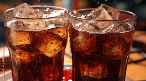 Two glasses of soda on a table, suitable for food and beverage concepts
