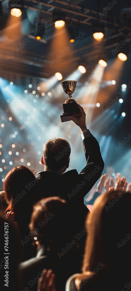 Entrepreneur award ceremony, winner holding trophy on stage, audience clapping, spotlights