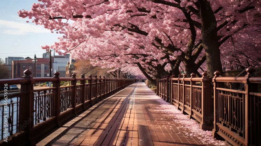 a walkway covered with cherry trees under the  cherry blooming festival, in the style of manapunk, landscape inspirations, light pink and bronze, gentle whimsy, tranquil gardenscapes, storybook-like,  - obrazy, fototapety, plakaty 