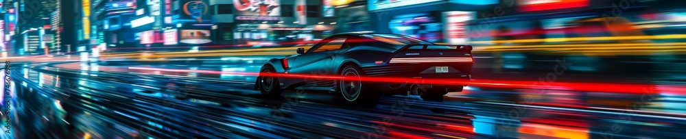 High velocity sports car chase in a city at night, neon lights, thrilling and fast-paced