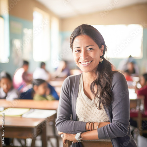 happy female teacher in the classroom