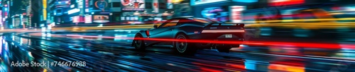 High velocity sports car chase in a city at night, neon lights, thrilling and fast-paced