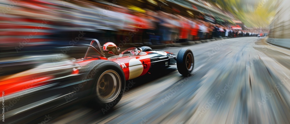 Intense motion blur as a racing car zooms down a straightaway, speedometer climbing, heat of the race