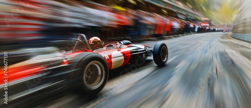 Intense motion blur as a racing car zooms down a straightaway, speedometer climbing, heat of the race