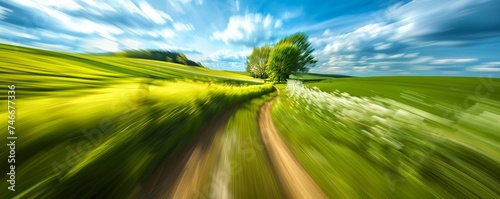 Motorcycle speeding through a rural landscape, rushing blur of green fields and blue skies