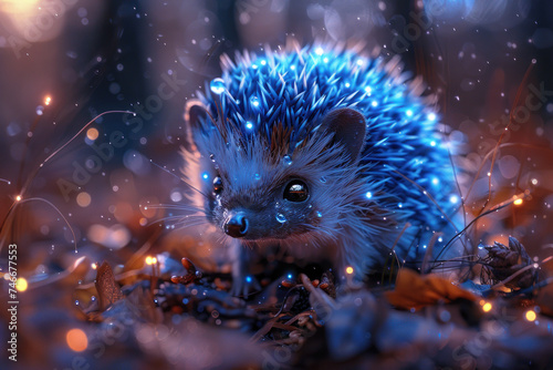  A magical, enchanting hedgehog surrounded by twinkling lights, with sparkling eyes, nestled in nature