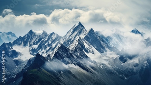 Majestic mountain range covered in snow and clouds. Ideal for travel and nature concepts