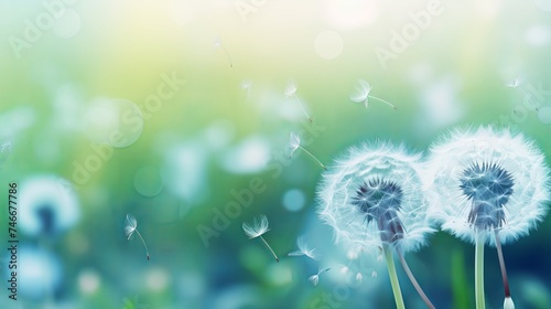 Closeup of dandelion on natural background. Bright, delicate nature details. Inspirational nature concept, soft blue and green blurred bokeh backgorund