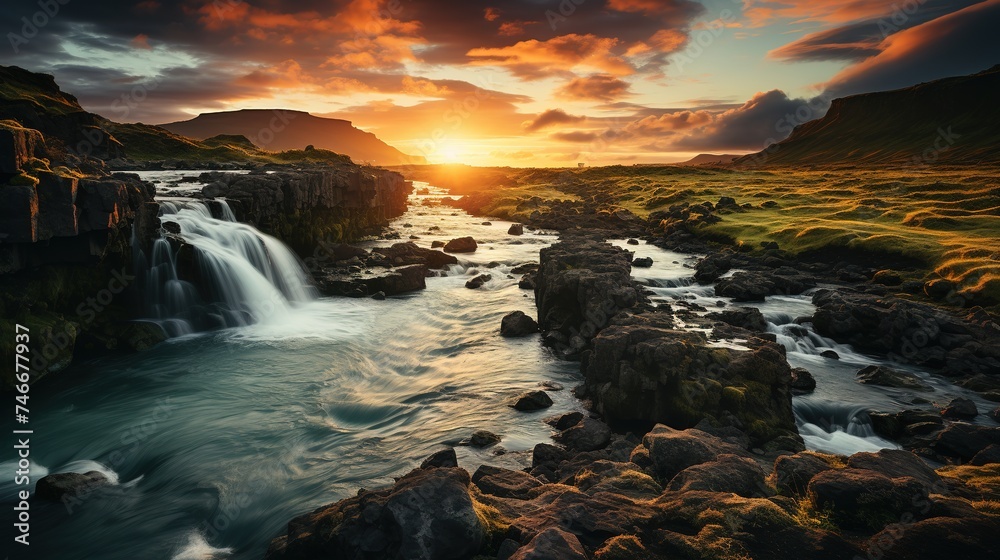 a waterfall in the countryside of iceland at sunset, in the style of xp, eye-catching, expansive, green, pretty, tropical symbolism, ambitious - obrazy, fototapety, plakaty 