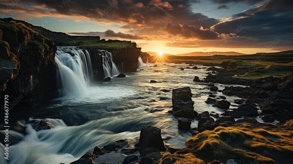a waterfall in the countryside of iceland at sunset, in the style of xp, eye-catching, expansive, green, pretty, tropical symbolism, ambitious - obrazy, fototapety, plakaty 