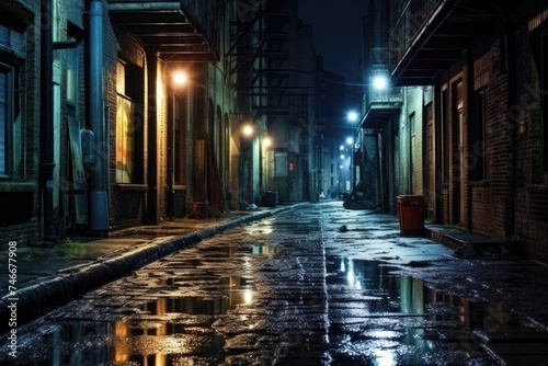 A city street at night with wet pavement and glowing lights. Suitable for urban backgrounds