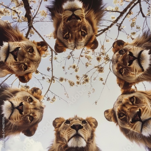 A group of lions looking up at the camera