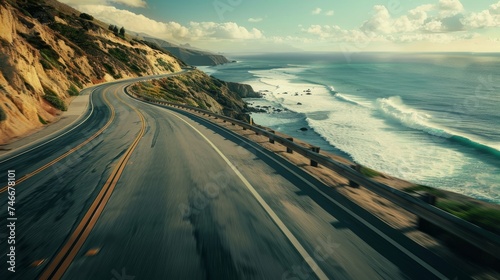 Swift motion of a motorcycle on winding coastal roads, ocean view, hairpin turns ahead
