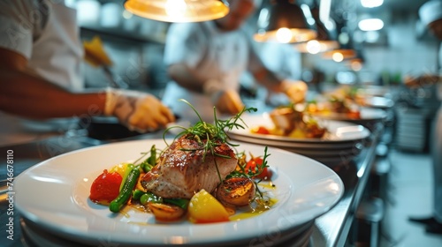 A plate of food on a counter in a restaurant. Suitable for restaurant promotions