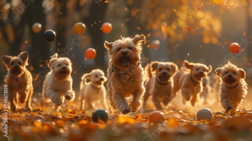 A group of dogs running through a field of leaves