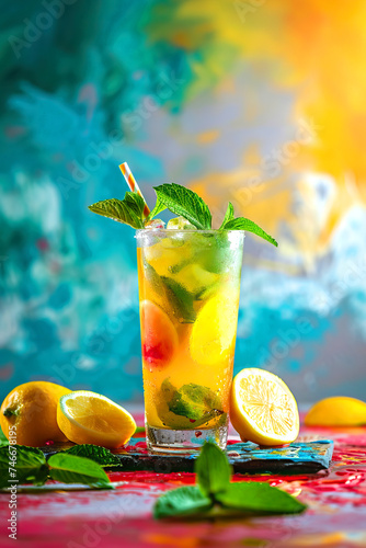 Glass of colorfull summer cocktail with oranges and mint