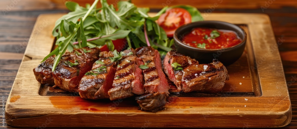 A wooden cutting board showcases a juicy rib steak topped with a selection of grilled vegetables, greens salad, and tomato sauce.